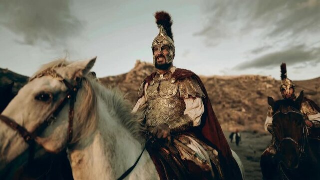 Mounted warrior riding horse across rugged landscape depicting historical conquest bravery leadership and dramatic epic adventure scene