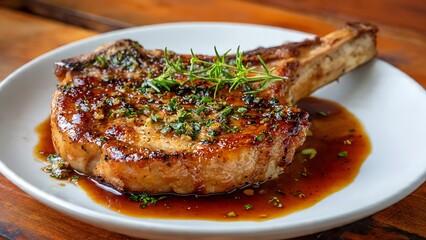 Juicy Grilled Pork Chop with Herb Butter and Sauce, Gourmet Meat Dish for Dinner