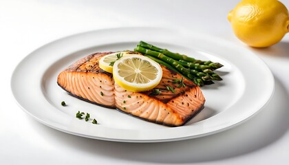 Grilled Fish Fillet with Lemon and Green Beans on White Plate, Healthy Seafood Dinner Concept
