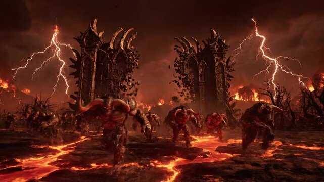 Fantasy creatures standing in front of a burning hellscape