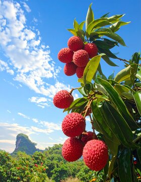 Bright red lychees dangle on a branch against a vivid blue sky with scattered clouds in a sunny landscape