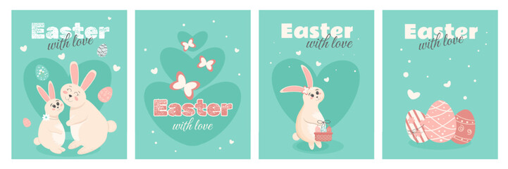 Cute Easter bunny greeting cards with mint background. Festive spring vector illustration for printable template, poster and social media design. © Kelada