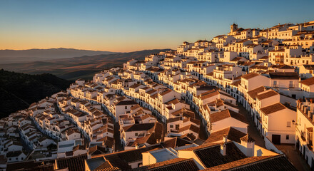 Fototapeta premium Andalusia White Village Cascading Down Hillside at Sunset or Sun