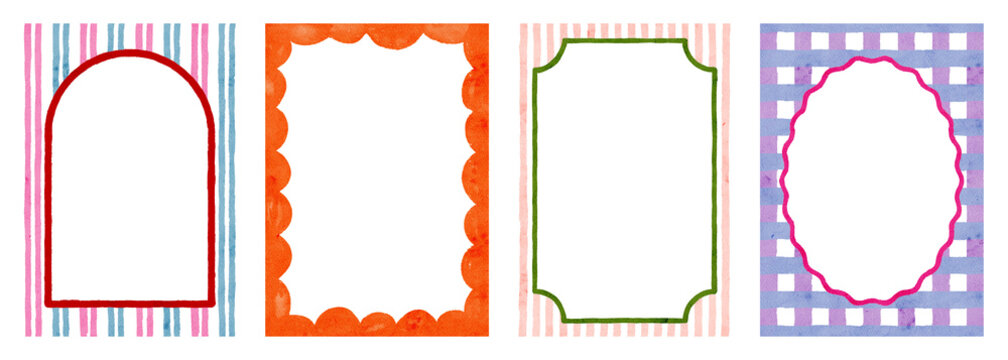 Hand Drawn Vibrant summer watercolor frame. Mediterranean style Border with wavy stripes and line in trendy, vintage styles. Perfect for quirky holiday, wedding, birthday gift decorations.