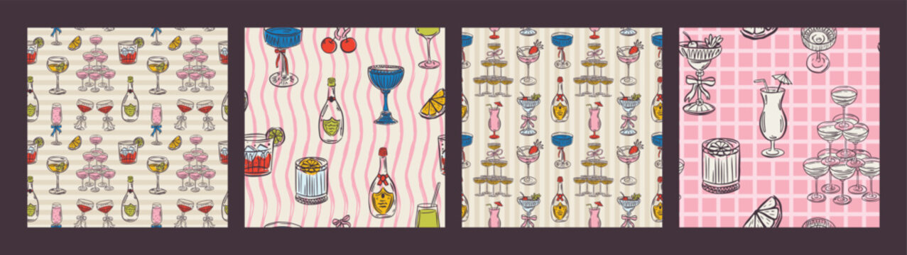 Whimsical hand drawn drinks, cocktails seamless pattern in trendy whimsical style. Perfect  background for quirky italian wedding holiday, poster cards, dinner and bar menu, fabric, wrapping paper.