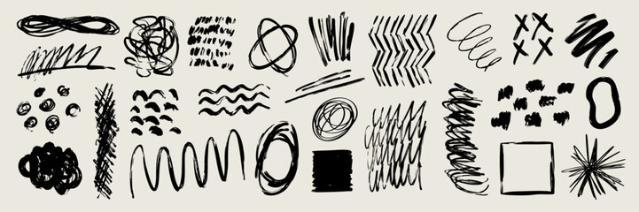 Hand drawn brush strokes and abstract scribbles set. Pencil, ink, marker and paint textures with grunge splashes and rough lines. Art elements for logo, background, overlay, banner and graphic design. © anya