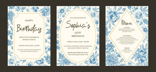 Botanical blue birthday greeting card with flower on white background. Hand drawn floral, flower and leaf branch in toile de jouy style. Line art for wedding invitation, menu greeting birthday cards © anya