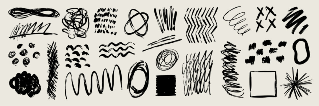 Hand drawn brush strokes and abstract scribbles set. Pencil, ink, marker and paint textures with grunge splashes and rough lines. Art elements for logo, background, overlay, banner and graphic design.