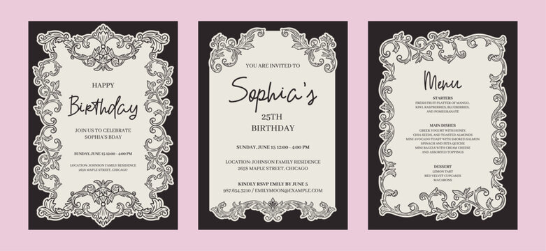 Elegant floral Baroque invitations in black tones. Hand-drawn minimalist line art vector design with elegant and royal ornaments . Perfect for invitations, wedding monogram, logos, and classic prints