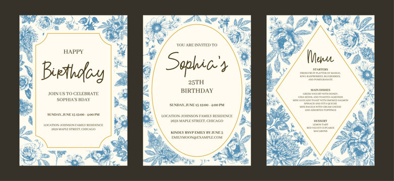 Botanical blue birthday greeting card with flower on white background. Hand drawn floral, flower and leaf branch in toile de jouy style. Line art for wedding invitation, menu greeting birthday cards