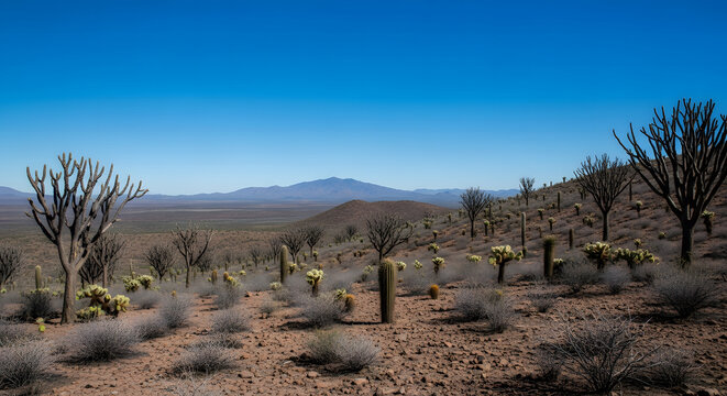 Arid desert landscape of Baja California with various cacti, shr