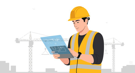 Construction worker in hard hat and vest reviewing holographic blueprint on tablet