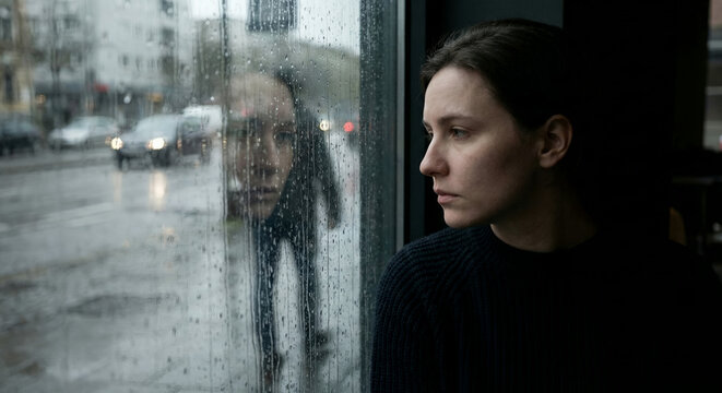 Young woman looking pensively out rainy window while man passes by  
