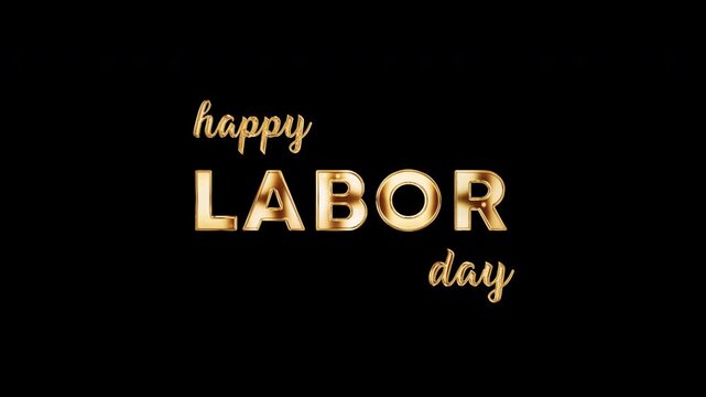 Animation Happy Labour day Golden shine light text titles on black abstract background. isolated with alpha channel Quick time Prores 444 encode. 