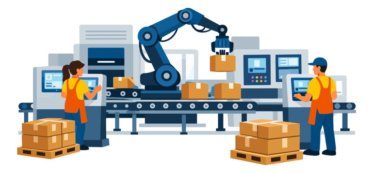 Modern flat design illustration of a factory production line depicting an automated manufacturing process with human workers for industry automation concepts