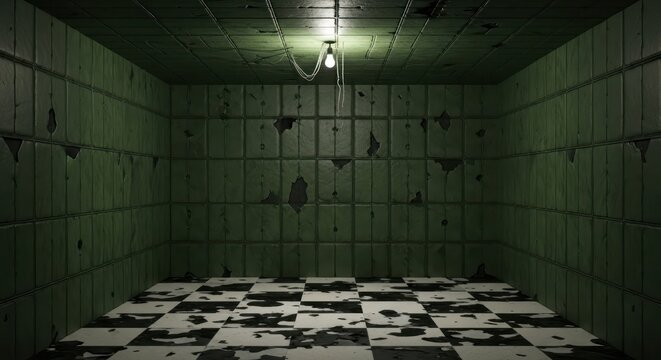Disturbing interior space featuring padded walls and dim lighting portraying isolation