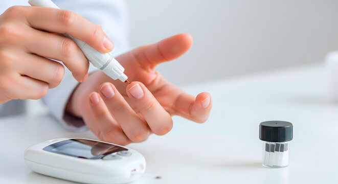 Person testing blood glucose with a finger prick test using a glucose meter