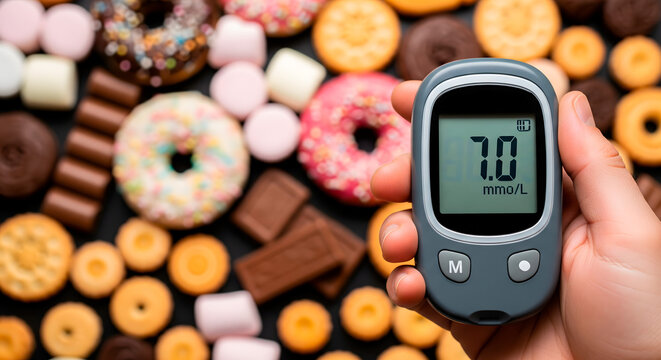 Blood glucose reading with sweets, donuts, and cookies in the background