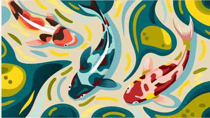 Obraz premium Vibrant koi fish swim in swirling abstract aquatic pattern with colorful wavy lines and shapes