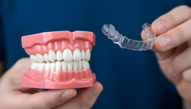 A person holding a dental model with white teeth and a clear aligner
