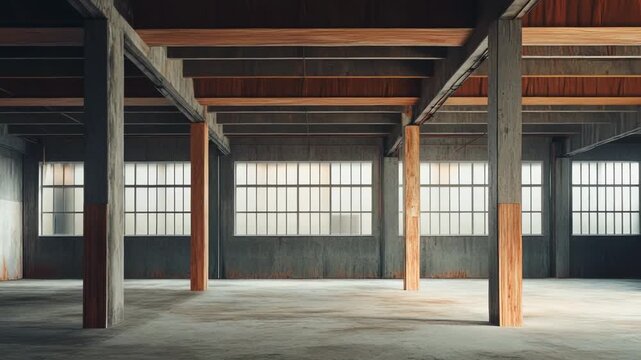 Large empty industrial warehouse loft interior featuring concrete pillars, wooden beams, textured walls, and big windows, creating a minimalist and spacious commercial area