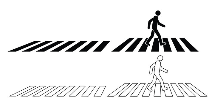 Simple black and white icon illustrating a person walking on a crosswalk for pedestrian safety. Pedestrians crossing the street in a modern urban setting. 