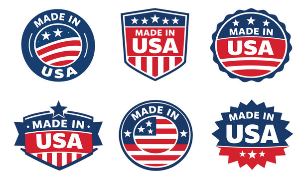 Patriotic graphic badges set featuring made in USA text, stars and stripes for product branding