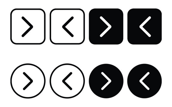 Web interface navigation buttons icon set. Slider arrow buttons symbols. Next and previous round buttons for app. Simple website arrow buttons in three different styles collection.