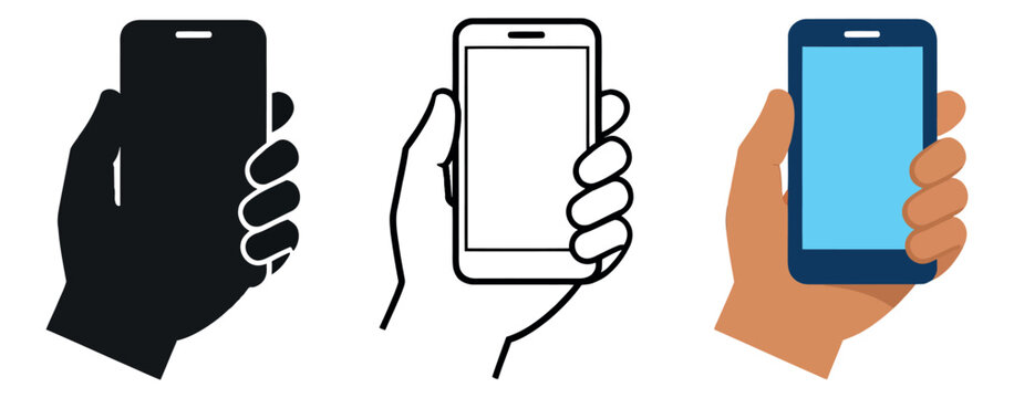 Mixed style mobile phone icon set featuring a hand holding a smartphone in silhouette, line art, and flat design for technology and communication