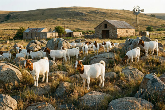 Reba&ntilde;o de cabras Boer pastando entre afloramientos rocosos en una granja r&uacute;stica al atardecer, con edificios de piedra y un molino de viento al fondo.