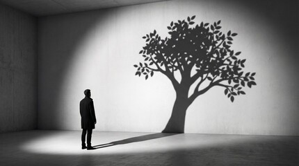 Solo figure observes a majestic tree's shadow on a spotlighted wall, a profound metaphor for introspection, personal growth, and visualizing potential beyond immediate reality