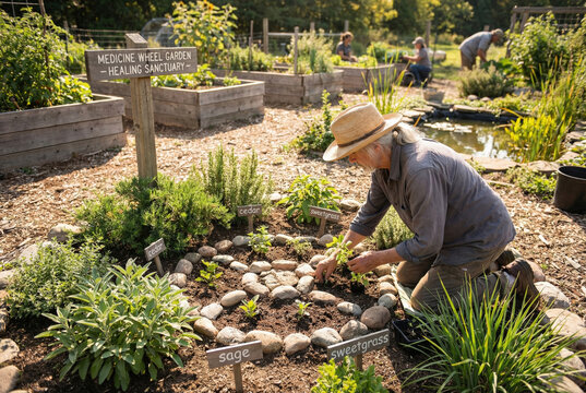 Senior man carefully planting herbs in a "Medicine Wheel Garden - Healing Sanctuary" featuring circular stone borders and hand-painted plant markers.