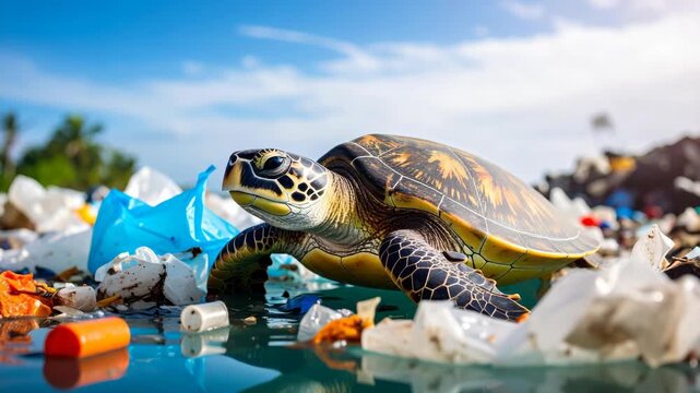 Sea turtle struggles amidst overwhelming ocean plastic pollution on a bright sunny day