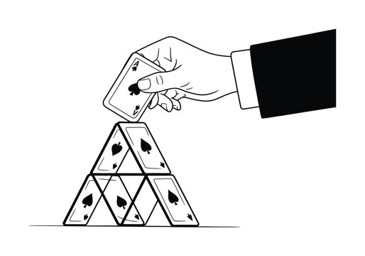 Hand building a precarious house of cards, ace of spades on