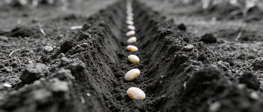 White beans seeds planted in a row in dark soil. Concept of growth, agriculture, and new beginnings for spring gardening.
