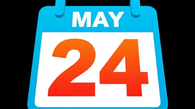 Calendar animation revealing date May 24th with vibrant colors and bold text on a clean black background