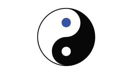 Yin and yang symbol with a blue dot stark black silhouette