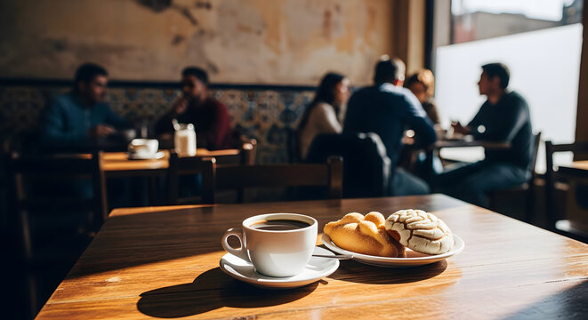 Coffee cup and traditional Mexican pan dulce pastries on a woode