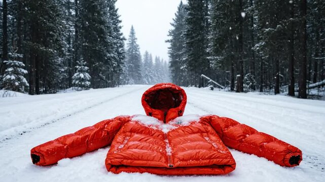 Bright orange puffer jacket lies on snow-covered road under falling snow in a winter forest setting