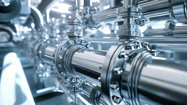 Complex network of shiny chrome pipes and flanges forming part of a sophisticated industrial processing system, highlighting precision engineering and modern manufacturing