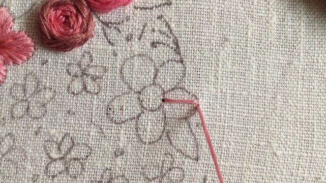 Satin stitch flower embroidery tutorial. Close-up hand stitching colorful floral element on fabric. Step-by-step needlework technique for beginners, DIY craft learning. part 1