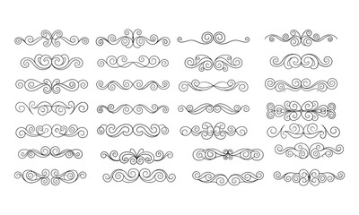 Collection of ornate swirling line illustrations in various shapes and designs