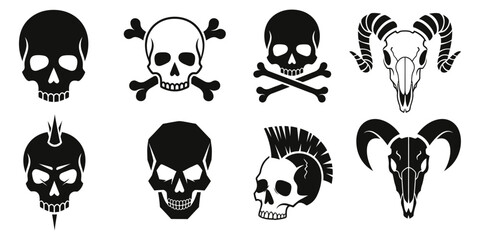 Fototapeta premium Collection of various skull and animal designs in black and white illustrations