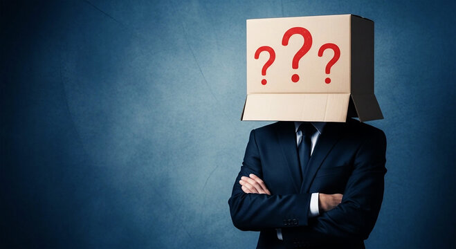 Man in Suit with Cardboard Box Head and Question Marks image
