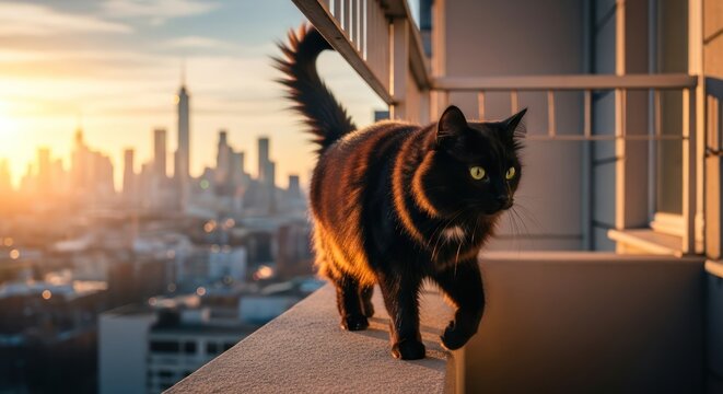Black cat strolls along rooftop ledge with cityscape panorama at golden hour serenity