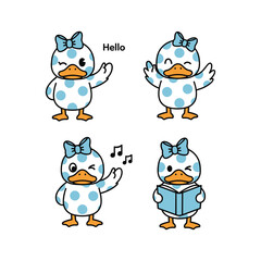 Obraz premium Cute cartoon duck characters with different emotions and actions in a white background with copy space