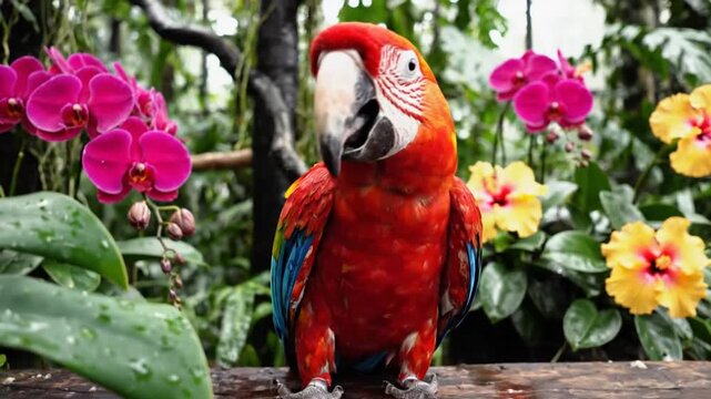 Scarlet macaw parrot in tropical garden environment with orchids and hibiscus flowers drinking water