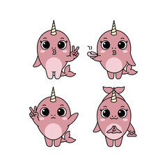 Cute cartoon narwhal characters showing different emotions and gestures © Shukur