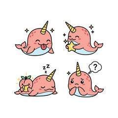 Cute cartoon narwhal with different emotions and actions in a minimalist style © Shukur