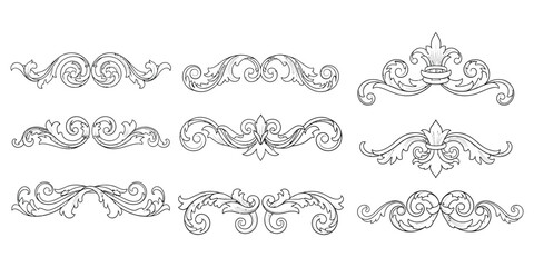 Fototapeta premium Ornate decoration elements arranged in a grid pattern on a clean white surface from a direct viewpoint.